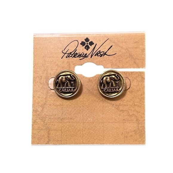 Patricia Nash Roman Coin Elephant Designer Etched Signature Earrings Gold - Picture 2 of 7